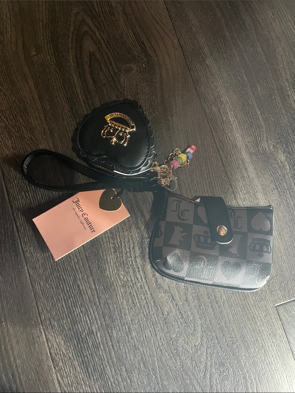 Exclusive Juicy Couture Black Checker Wristlet with Heart Coin Charm